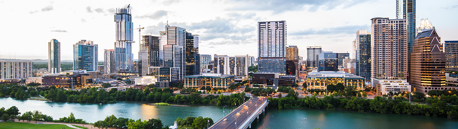 Austin Skyline looking north along the South 1st Street Bridge onto downtown Austin.